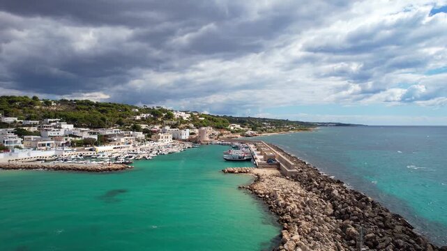 Marina di Pescoluse, Puglia &ndash; Torre Vado &ndash; Aerial view over the harbor towards the tower