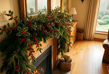 Obraz premium Christmas home decor and holiday interior, festive holly and pine garland on a fireplace mantel in a cozy living room with warm natural sunlight