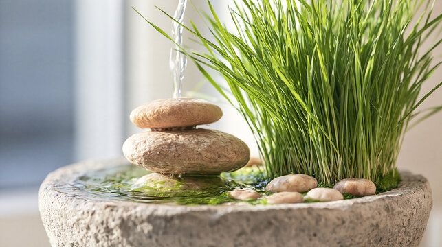 Stone zen water fountain with green grass in a stone bowl water feature stacked rocks river stones tranquil decor meditation space nature home soothing sounds serene garden indoor water