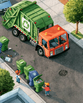 Illustration of a bright green garbage truck collecting recyclables from residential curbside bins with recycling bin curbside collection residential street waste management waste disposal