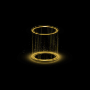Abstract golden rings floating in darkness with digital data stream effect