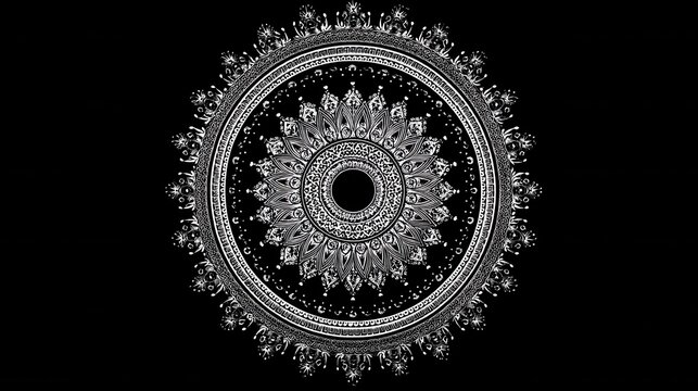 Intricate black and white mandala design on black background
