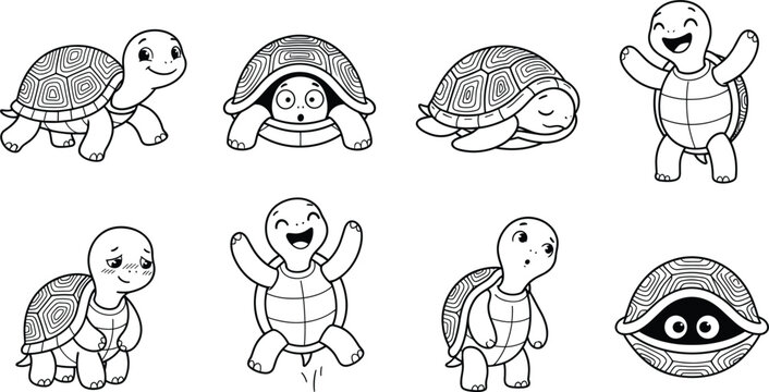 Turtle cartoon character line vector set showcasing cute little tortoises with various emotions and expressions for children coloring books, educational games, and nursery stickers.