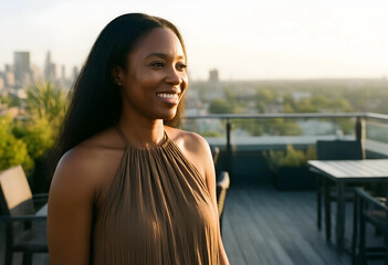 Fototapeta premium Work-life balance and urban lifestyle, happy woman enjoying sunset on rooftop terrace with city skyline view for mental health and wellness