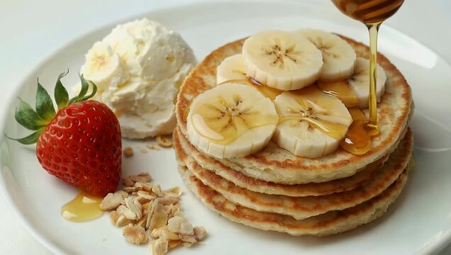 Mouth-watering 4K slow-motion food advertisement clip showing a thick decadent golden stream of organic honey pouring lavishly over a towering stack of fluffy homemade pancakes beautifully