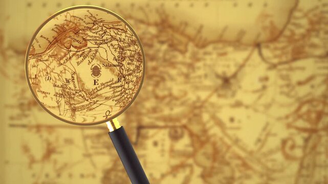 A close-up animation of a stylized antique map of Egypt featuring a magnifying glass that moves across the map, revealing small inscriptions and symbols.