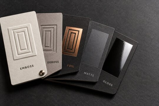 Printing finish sample swatch fan showing emboss deboss foil matte and gloss mockup