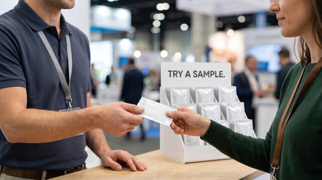 Promoter handing sample sachet to visitor at trade show exhibition booth mockup