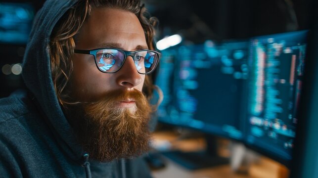 A hooded individual with glasses and a beard intently studies glowing computer code on multiple monitors in a dimly lit space