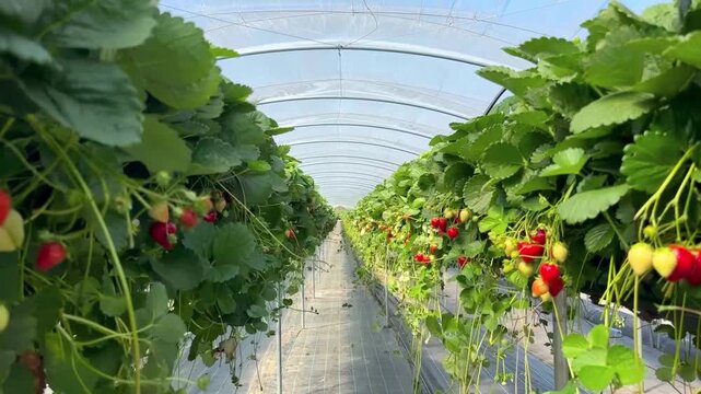 Strawberries growing in a modern tunnel greenhouse using a hydroponic vertical gutter system, showcasing lush green leaves and ripe red berries.