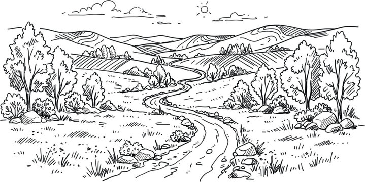 Vintage Hand Drawn Rural Landscape Vector Illustration featuring Winding Dirt Road, Rolling Hills, Trees, Bushes, Fields, Sun, and Clouds for Countryside Nature Design