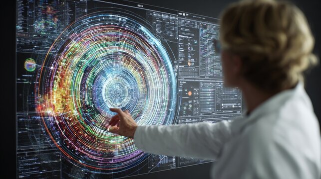 A scientist in a lab coat points at a complex, colorful data visualization displayed on a large screen