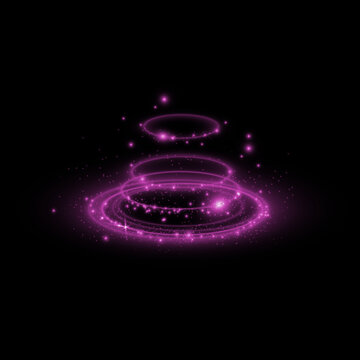 Vibrant purple energy rings with sparkling particles on a dark black background