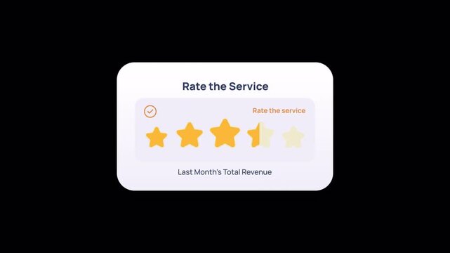 Three and a half star rating animation with half star detail over black. Great for above average reviews, recommendation badges, and trust signals.