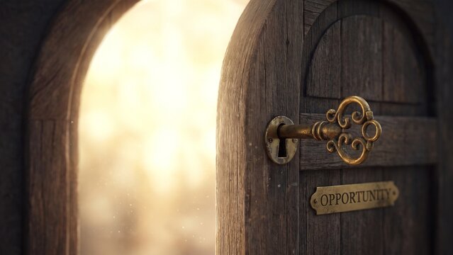 Vintage golden key unlocking a door to a bright diffuse light, opportunity and success concept