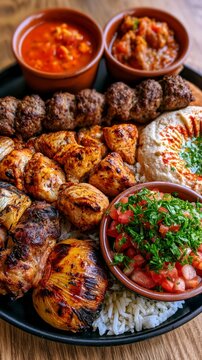 Mixed grill platter featuring chicken tawook and beef kofta with hummus and tabbouleh in a macro shot for culinary marketing