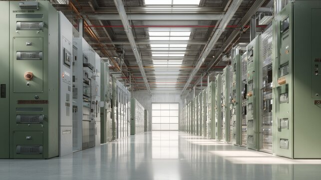 Long, industrial interior perspective, rows of large panels & machinery, bright light at end, metallic beams & pipes