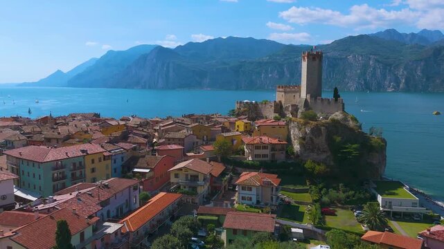 Aerial view of Malcesine on the shore of Lake Garda in the Province of Verona, region Veneto, Italy.
