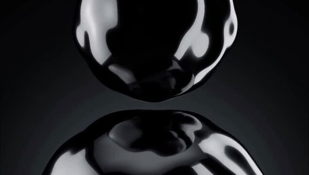 Abstract liquid black sphere floating above reflective dark surface with smooth organic shapes.