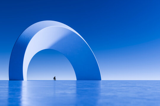 3D seated silhouette beneath monumental blue arch on reflective minimalist landscape