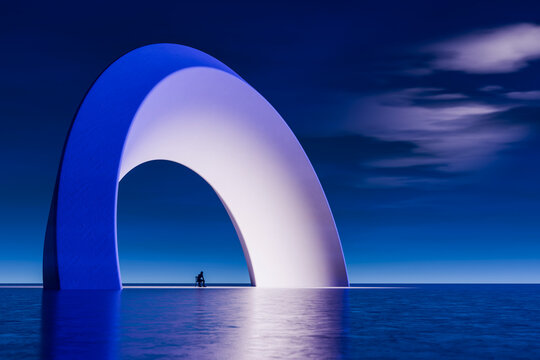 3D seated silhouette beneath illuminated arch under deep blue twilight sky