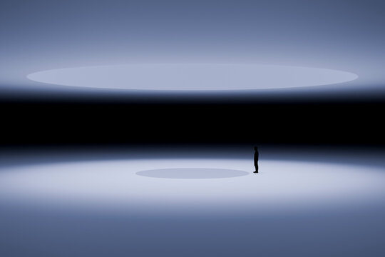 3D lone silhouette beneath large oval light in monochrome blue liminal space