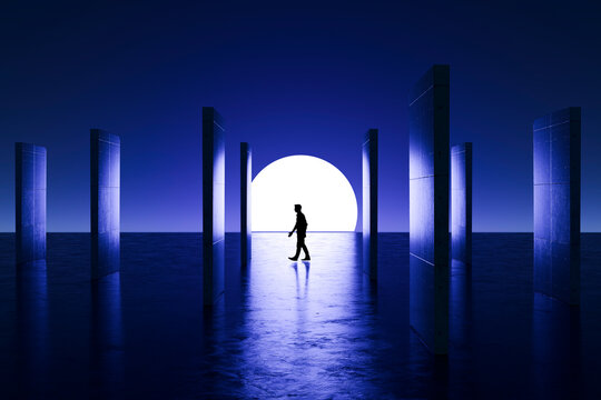 3D walking silhouette among tall concrete monoliths with bright circular horizon light