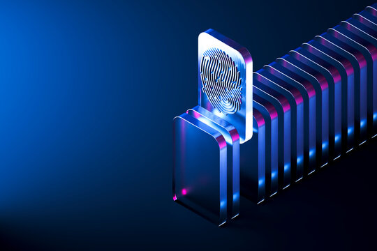 3D fingerprint authentication scanner embedded in repeating blue security panels with copy space