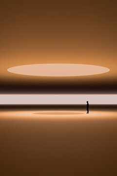 3D solitary silhouette beneath glowing amber oval light in warm liminal interior