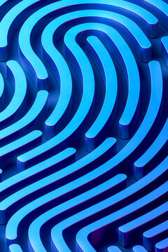 3D macro fingerprint ridge pattern in electric blue for biometric identity security background
