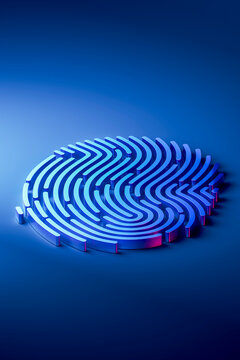 3D luminous fingerprint symbol on dark blue surface for biometric access security concept