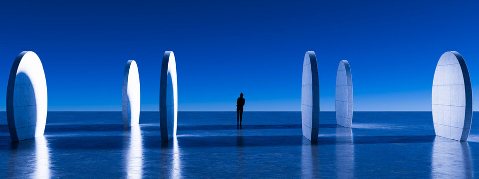 3D lone silhouette surrounded by oval stone portals on reflective blue landscape