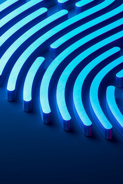 3D closeup fingerprint contour lines with cyan glow on dark blue cybersecurity background