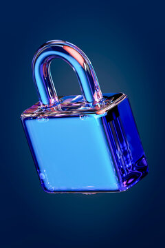 3D transparent blue glass padlock isolated on dark background for cybersecurity and privacy