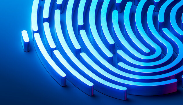 3D cropped fingerprint ridge network with neon cyan light for cybersecurity wallpaper