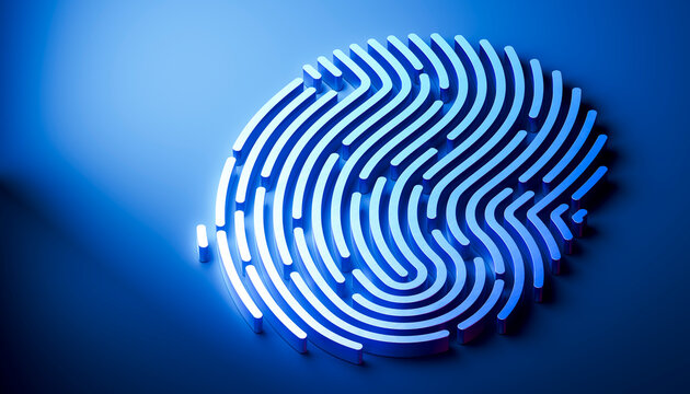 3D glowing fingerprint icon on blue background for digital identity verification technology