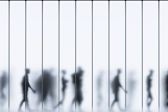 3D blurred silhouette crowd behind translucent vertical glass panels in minimalist white interior
