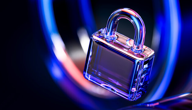 3D transparent glass padlock floating among neon blue and coral loops for data security concept