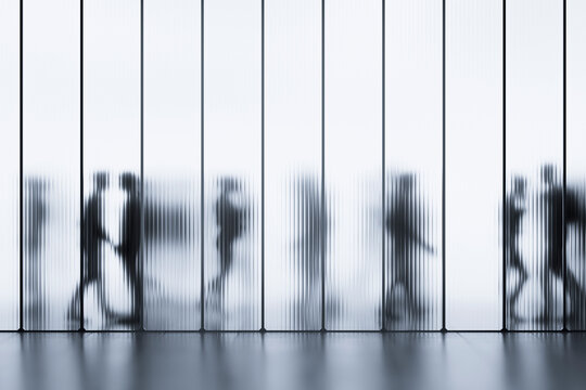 3D moving silhouette group behind fluted glass wall in bright minimalist public space
