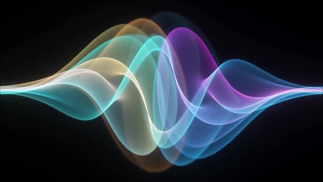Abstract colorful sound wave visualization with flowing lines on a dark background.