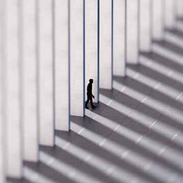 3D walking silhouette through repeating white panels and diagonal shadows in minimalist space