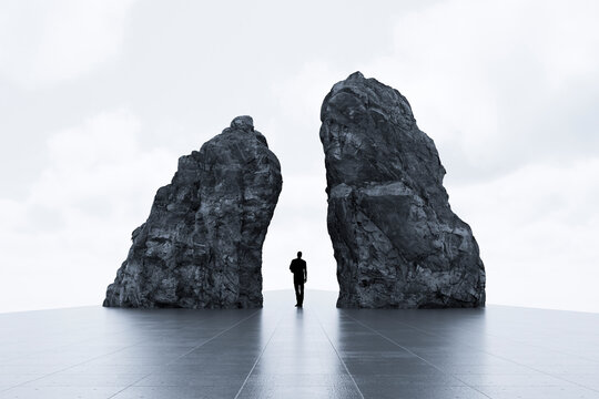 3D solitary silhouette approaching gateway between twin rock monoliths on reflective floor