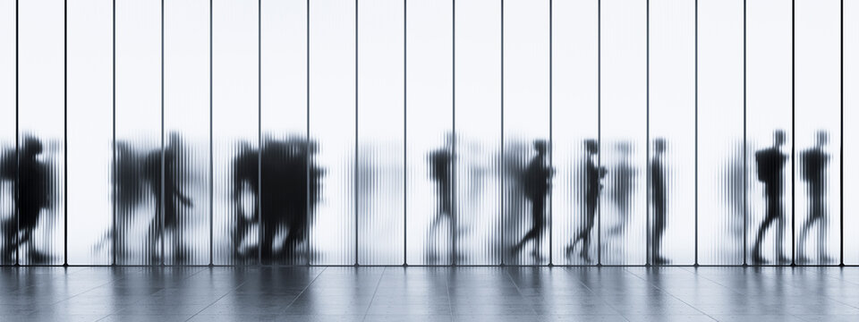 3D panoramic crowd silhouettes behind segmented frosted glass wall in minimalist architecture