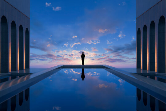 3D silhouette at reflective pool between arched walls under dramatic sunset sky