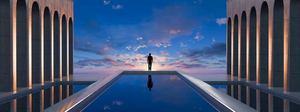 3D panoramic silhouette beside mirror pool framed by monumental arches and sunset clouds