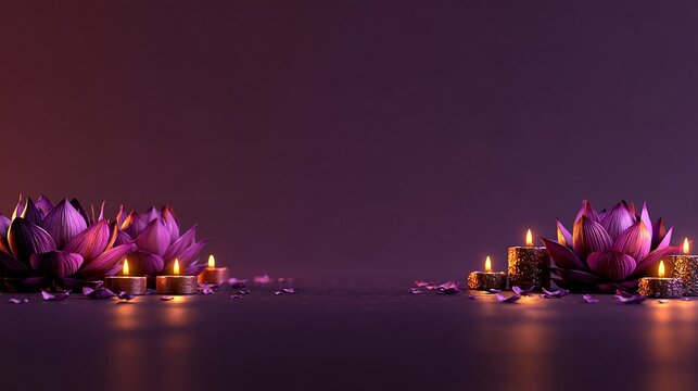Purple lotus flowers and glowing tea light candles on a dark purple background, creating a peaceful spa or meditation atmosphere