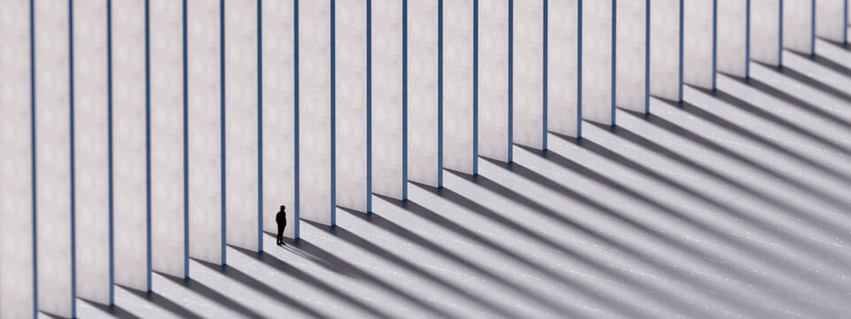 3D tiny silhouette in panoramic field of white panels and geometric shadow lines