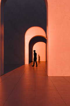 3D walking silhouette through nested orange arches with dramatic geometric light