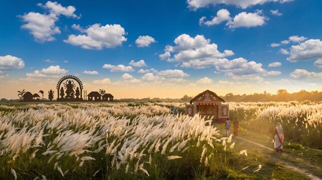 Durga Puja festival landscape with blooming kash grass flowers, traditional pandal, and silhouetted goddess idols under a dramatic blue sky with clouds in rural Bengal India