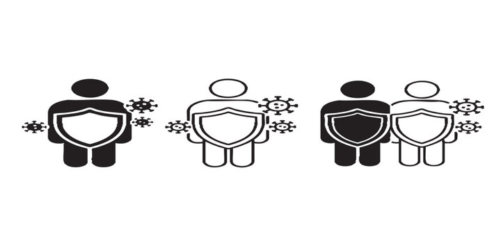 Human figure protected by shield from virus particles icon set, exactly 3 distinct icons, health protection and infection prevention concept, solid and outline styles, black and white, anatomically co